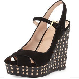 Tory Burch Black Suede Polka Dot Wedge Sandals with Nude Accents